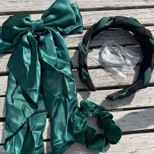 Green Satin Bow Hair Scarf with Green Scrunchie and Black-Green Braided Headband